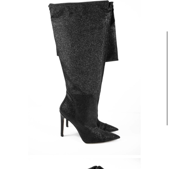 Good American Black Glitter Thigh High Over The Knee Boots Women Size 9 Heels - Picture 1 of 3